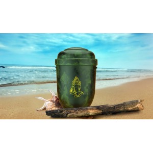 Biodegradable Cremation Ashes Funeral Urn / Casket - GREEN ROOT WOOD EFFECT with PRAYING HANDS
